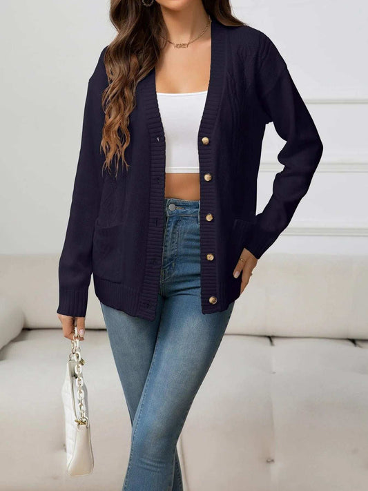 V-Neck Long Sleeve Buttoned Knit Top with Pocket - Trendsi - Flyclothing LLC