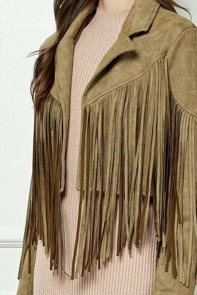 Veveret Suede Fringe Long Sleeve Moto Jacket - Trendsi - Flyclothing LLC