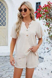 Notched Button Detail Dropped Shoulder Top and Shorts Set - Trendsi - Flyclothing LLC