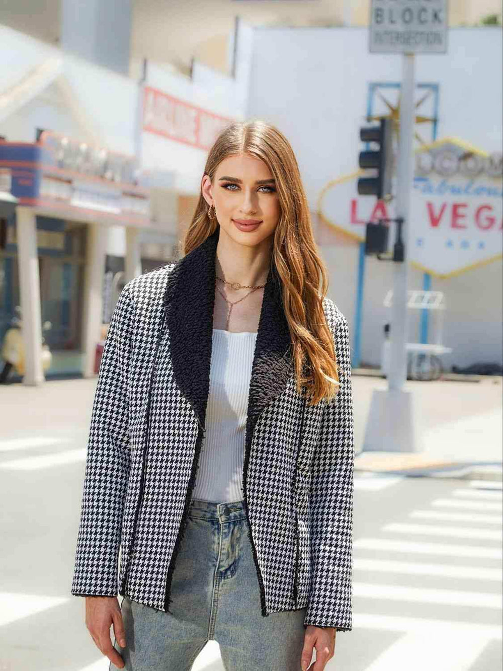 Houndstooth Open Front Long Sleeve Jacket - Trendsi - Flyclothing LLC