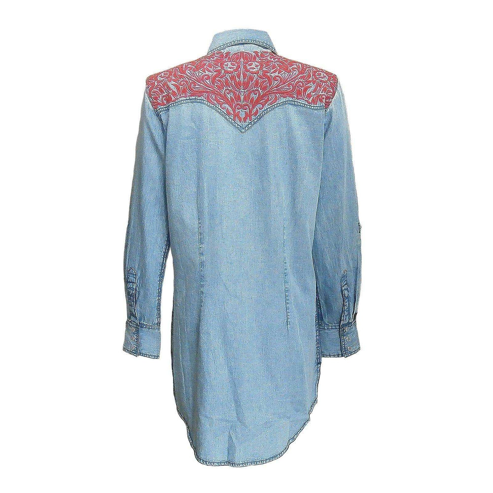 Rockmount Clothing Women's Denim & Red Tooling Embroidery Western Shirt Dress - Rockmount Clothing - Flyclothing LLC