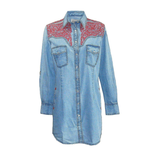 Rockmount Clothing Women's Denim & Red Tooling Embroidery Western Shirt Dress - Rockmount Clothing - Flyclothing LLC