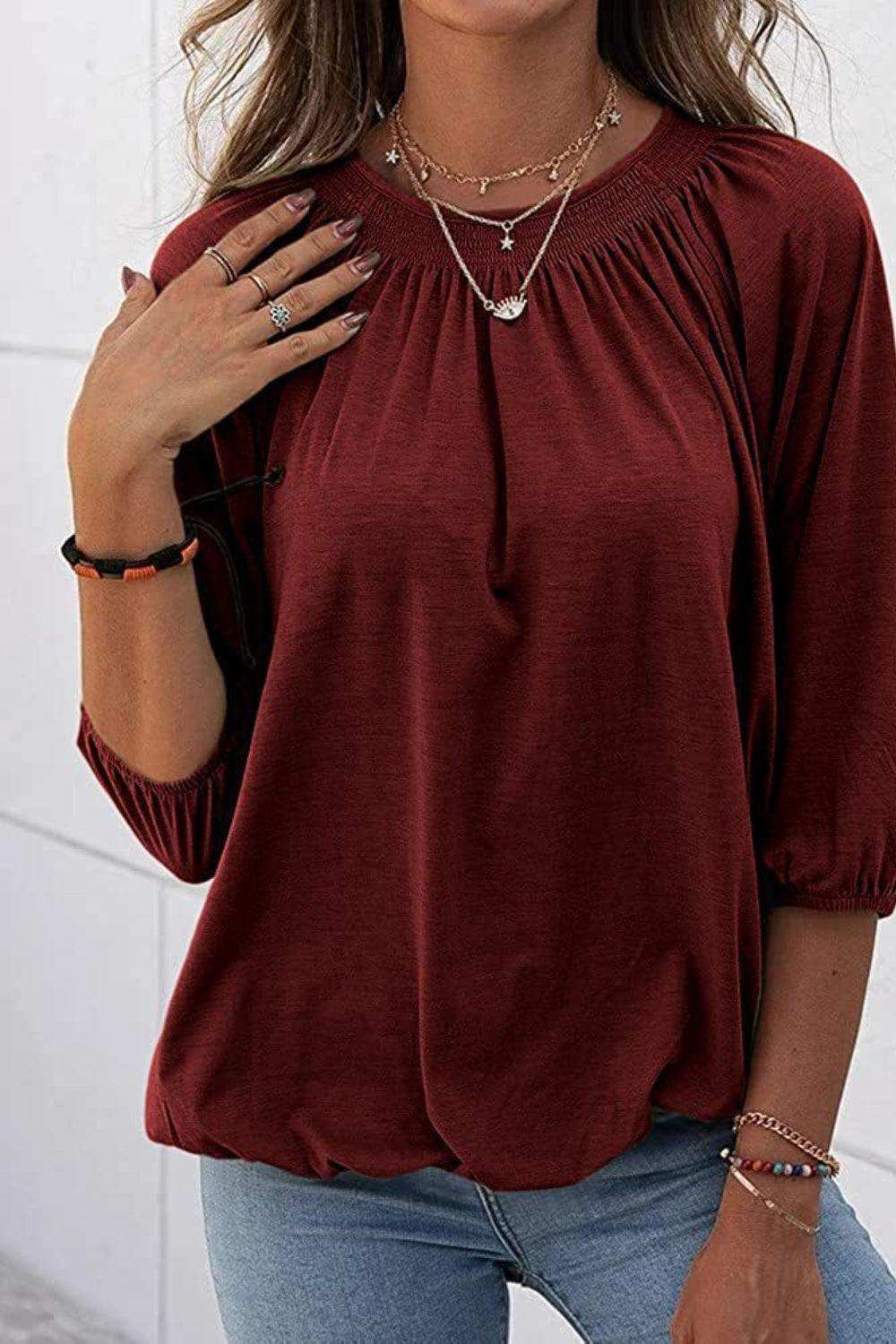 Gathered Detail Round Neck T-Shirt - Trendsi - Flyclothing LLC