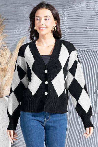 Geometric Button Up Dropped Shoulder Cardigan - Trendsi - Flyclothing LLC