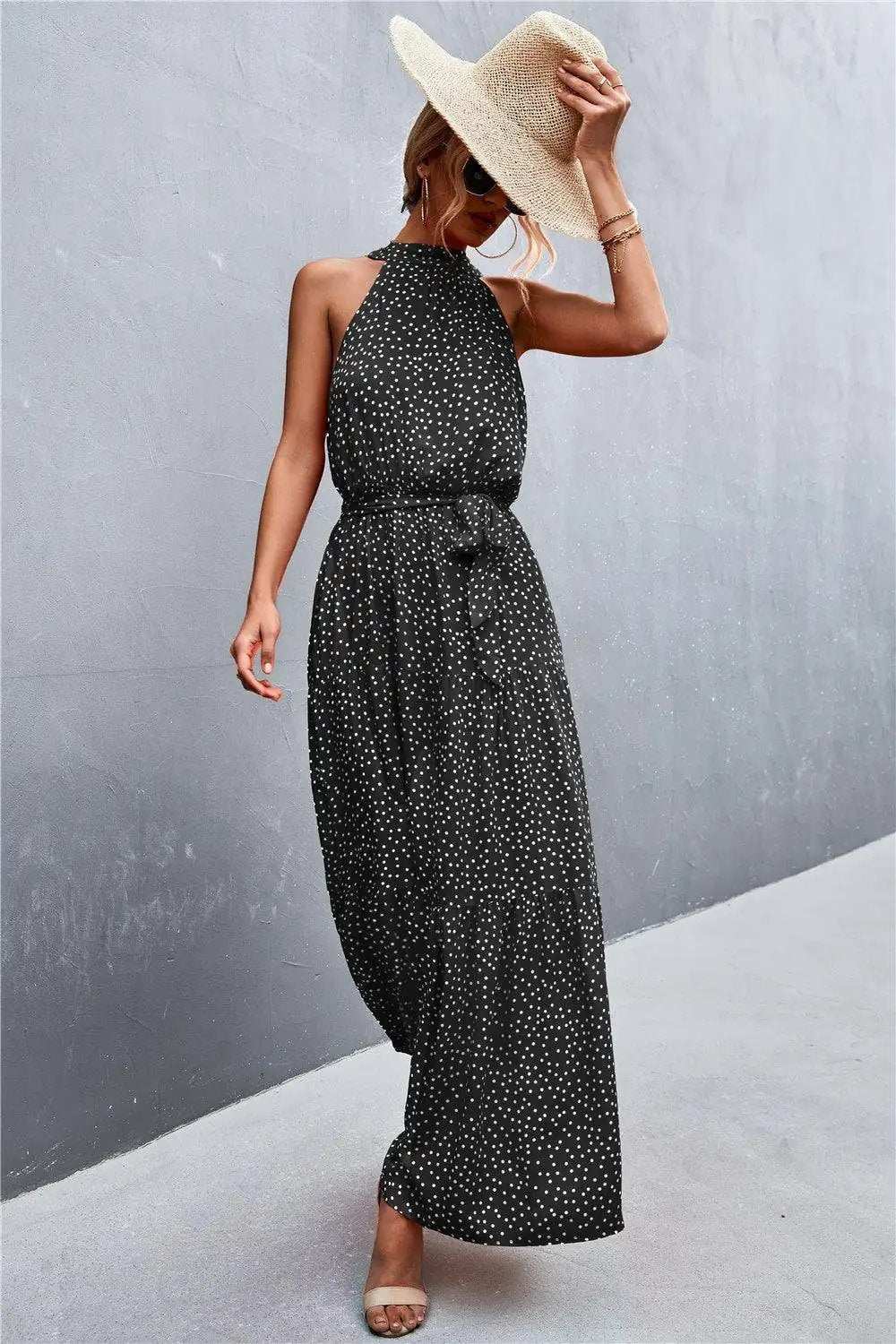 Printed Sleeveless Tie Waist Maxi Dress - Trendsi - Flyclothing LLC