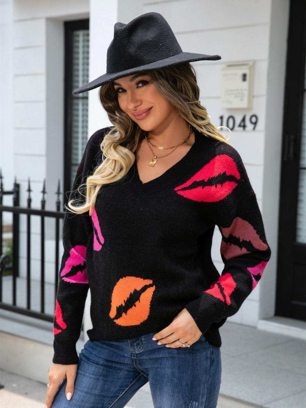 Lip V-Neck Drop Shoulder Sweater - Trendsi - Flyclothing LLC