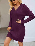 Cable-Knit V-Neck Mini Sweater Dress - Trendsi - Flyclothing LLC