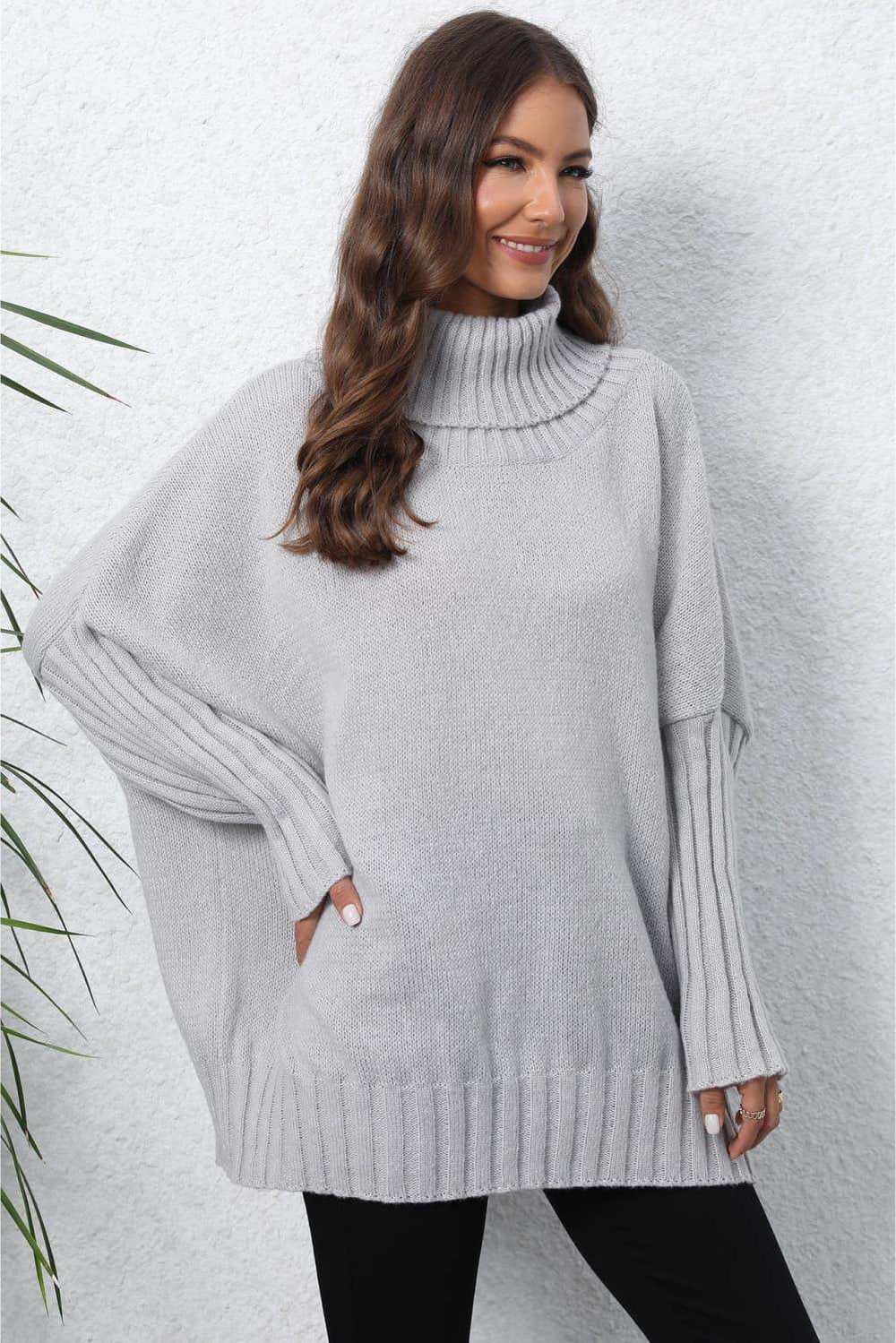 Turtle Neck Long Sleeve Ribbed Sweater - Trendsi - Flyclothing LLC