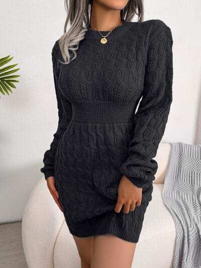 Cable-Knit Round Neck Mini Wrap Sweater Dress - Trendsi - Flyclothing LLC
