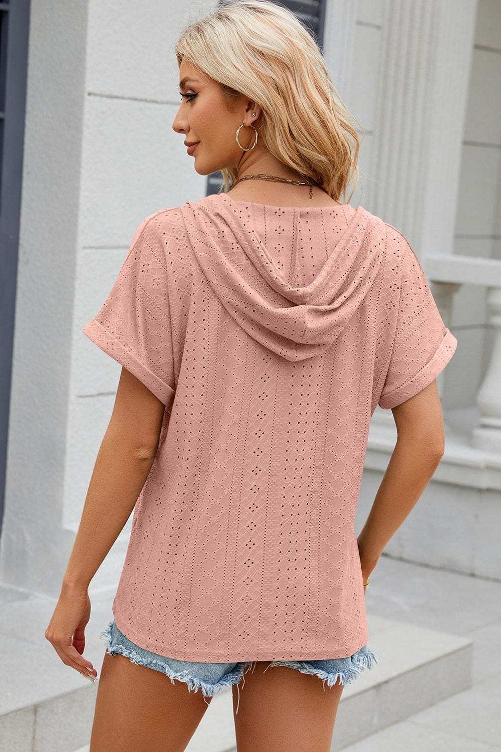 Eyelet Drawstring Hooded Short Sleeve Blouse - Trendsi - Flyclothing LLC
