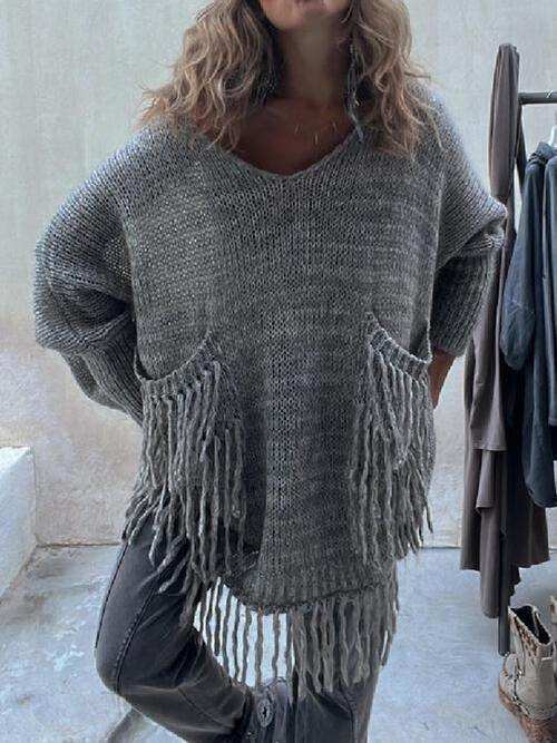 Fringe Detail Long Sleeve Sweater with Pockets - Trendsi - Flyclothing LLC