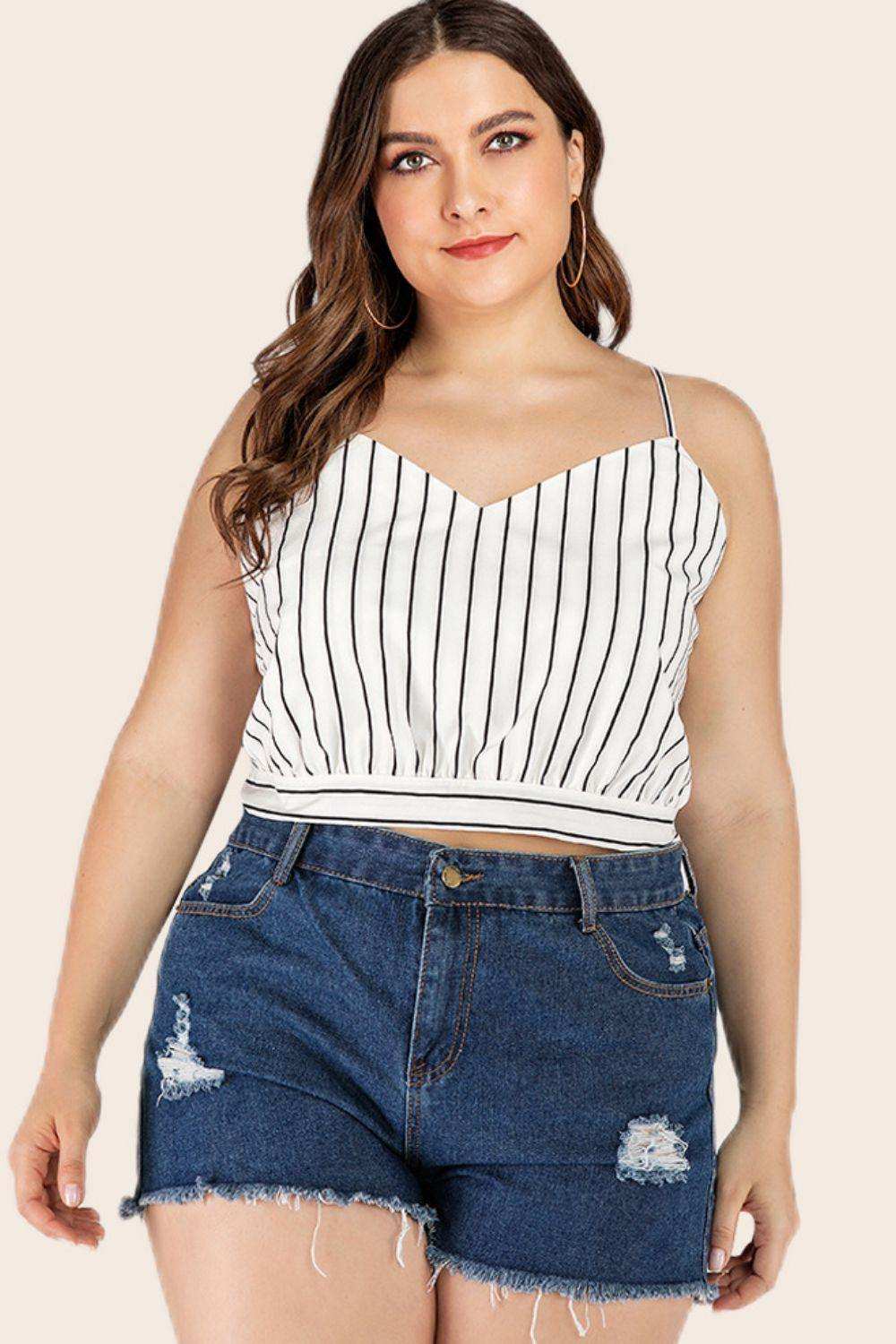 Plus Size Striped Tie-Back Cropped Cami - Trendsi - Flyclothing LLC