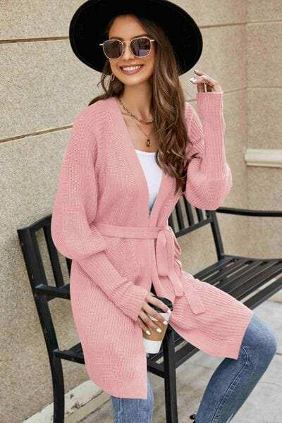 Open Front Lantern Sleeve Cardigan - Trendsi - Flyclothing LLC