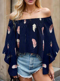 Feather Print Smocked Off-Shoulder Blouse - Trendsi - Flyclothing LLC