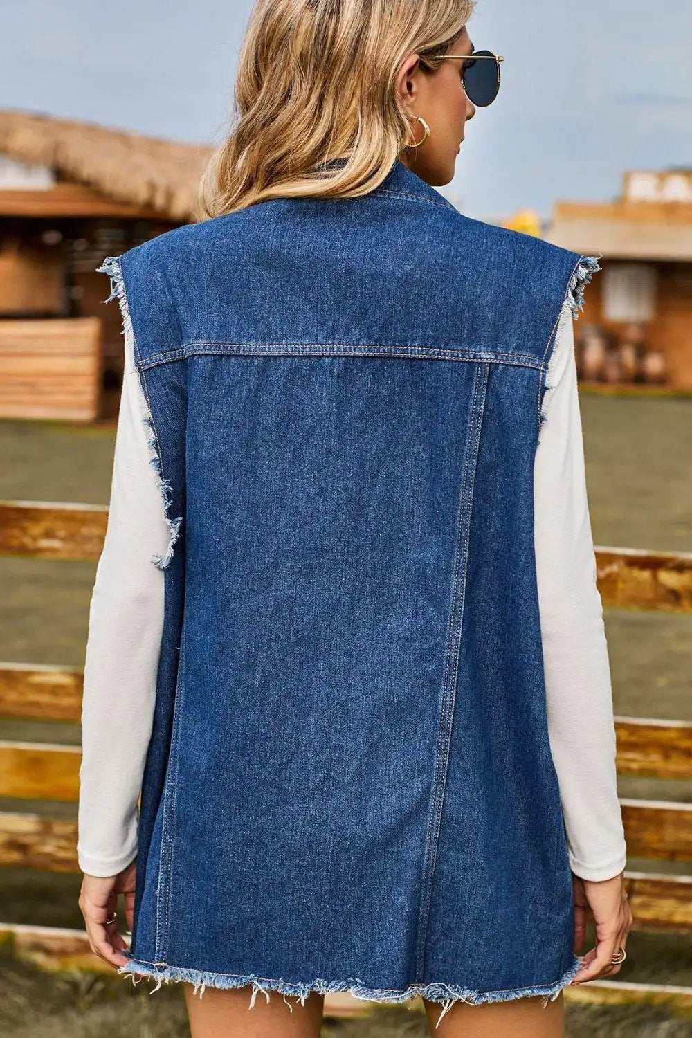 Sleeveless Button-Up Collared Denim Top with Pockets - Trendsi - Flyclothing LLC