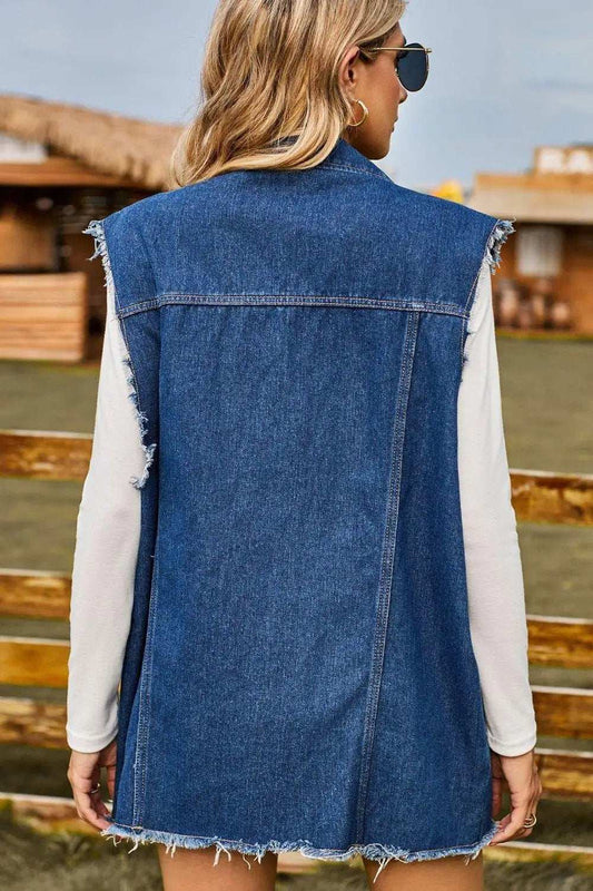 Sleeveless Button-Up Collared Denim Top with Pockets - Trendsi - Flyclothing LLC