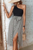 Striped One-Shoulder Slit Dress - Trendsi - Flyclothing LLC