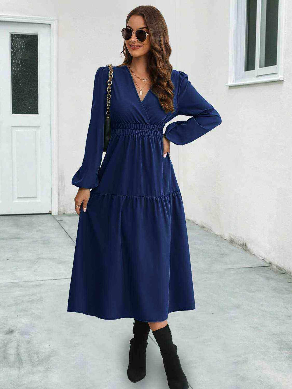 Surplice Neck Long Sleeve Midi Dress - Trendsi - Flyclothing LLC