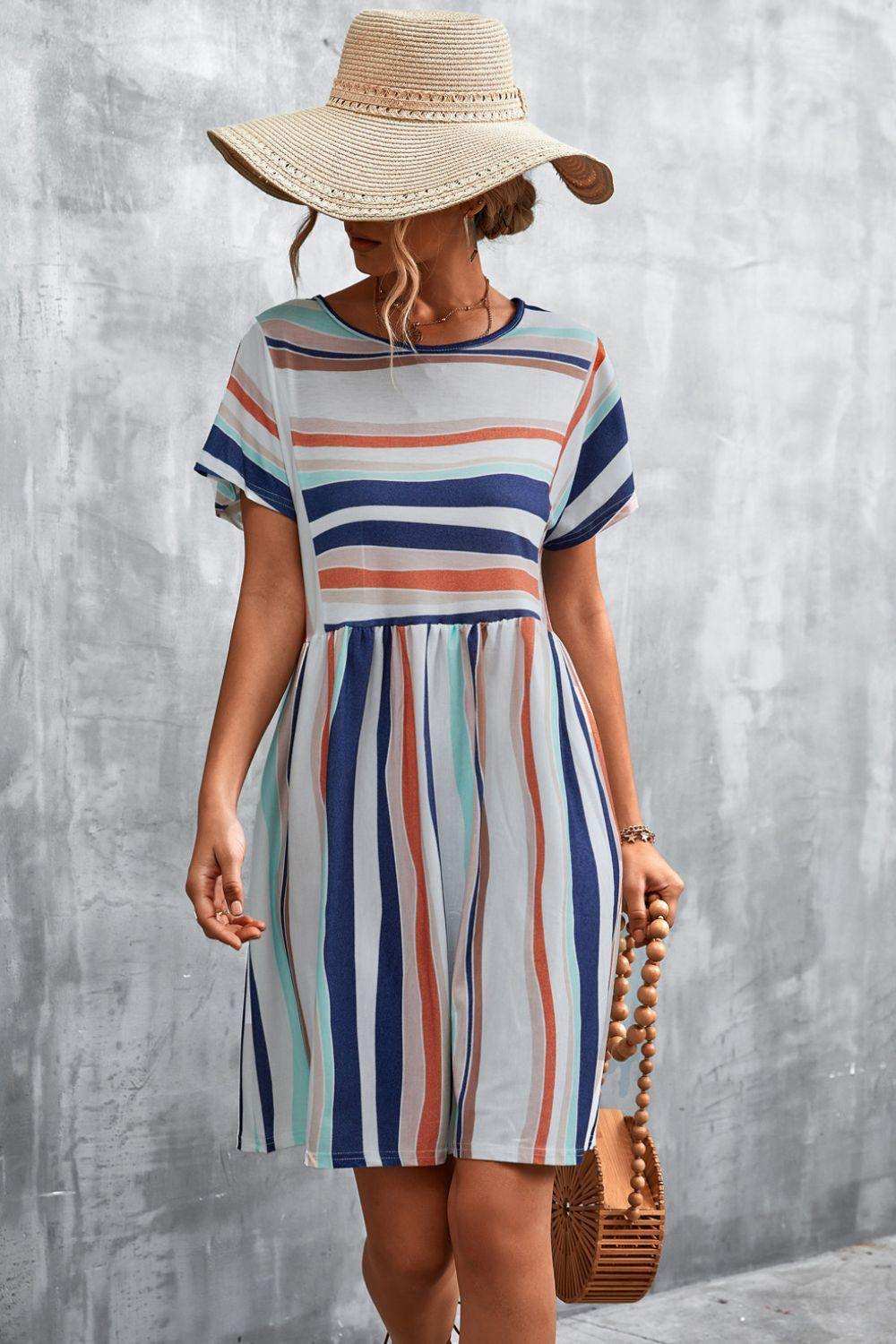 Striped Round Neck Dress - Trendsi - Flyclothing LLC