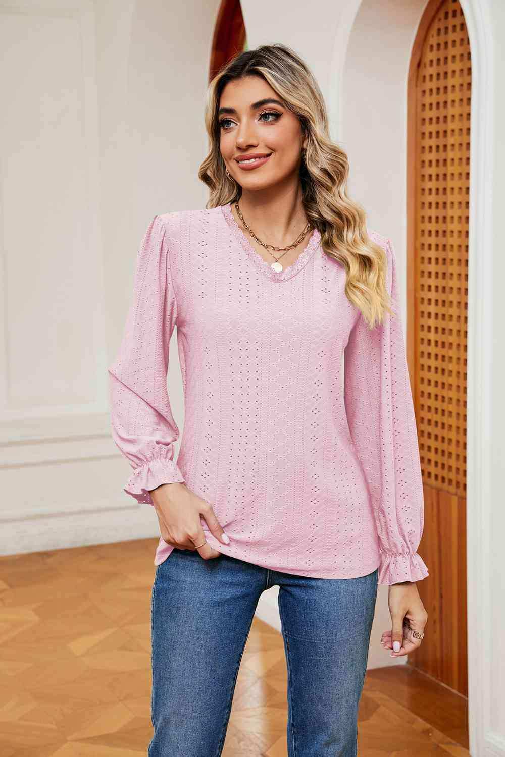 V-Neck Flounce Sleeve Blouse - Trendsi - Flyclothing LLC