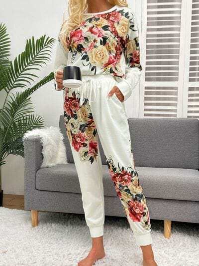 Printed Round Neck Top and Drawstring Pants Lounge Set - Trendsi - Flyclothing LLC