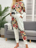 Printed Round Neck Top and Drawstring Pants Lounge Set - Trendsi - Flyclothing LLC