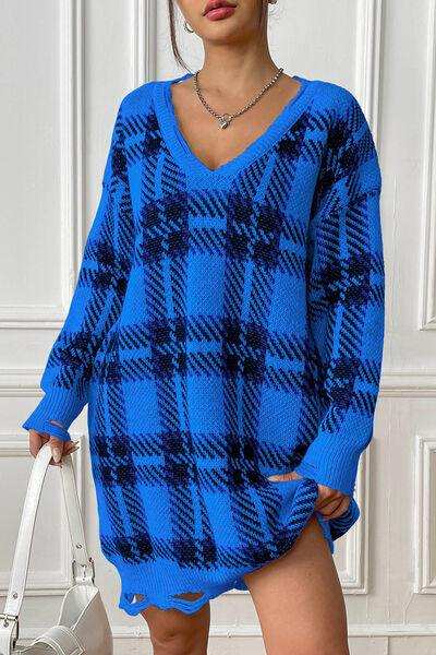 Plaid V-Neck Long Sleeve Sweater Dress - Trendsi - Flyclothing LLC