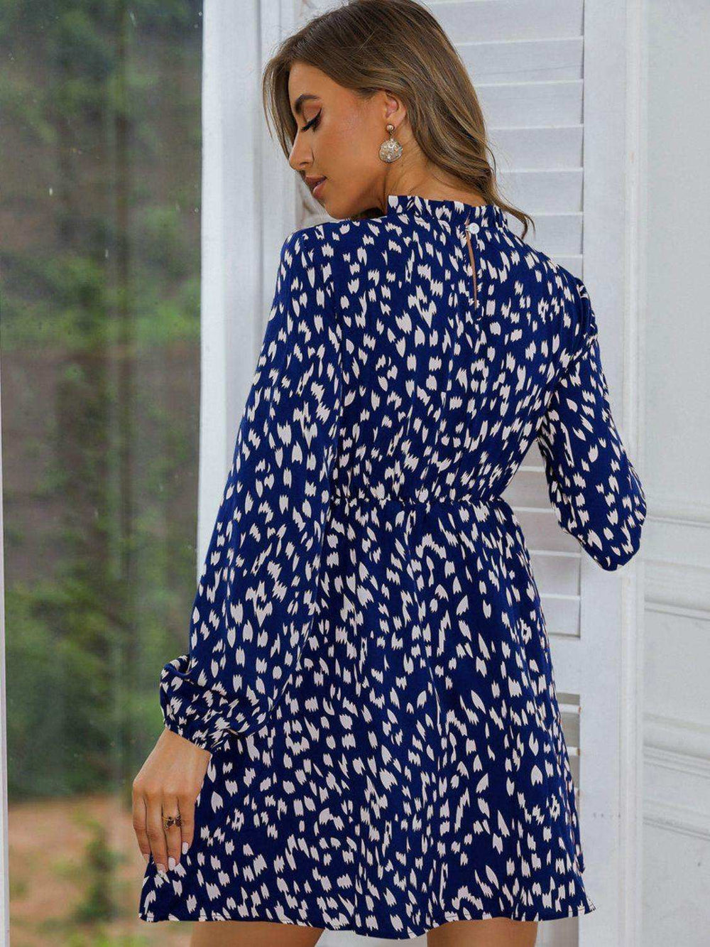Printed Frill Neck Long Sleeve Dress - Trendsi - Flyclothing LLC