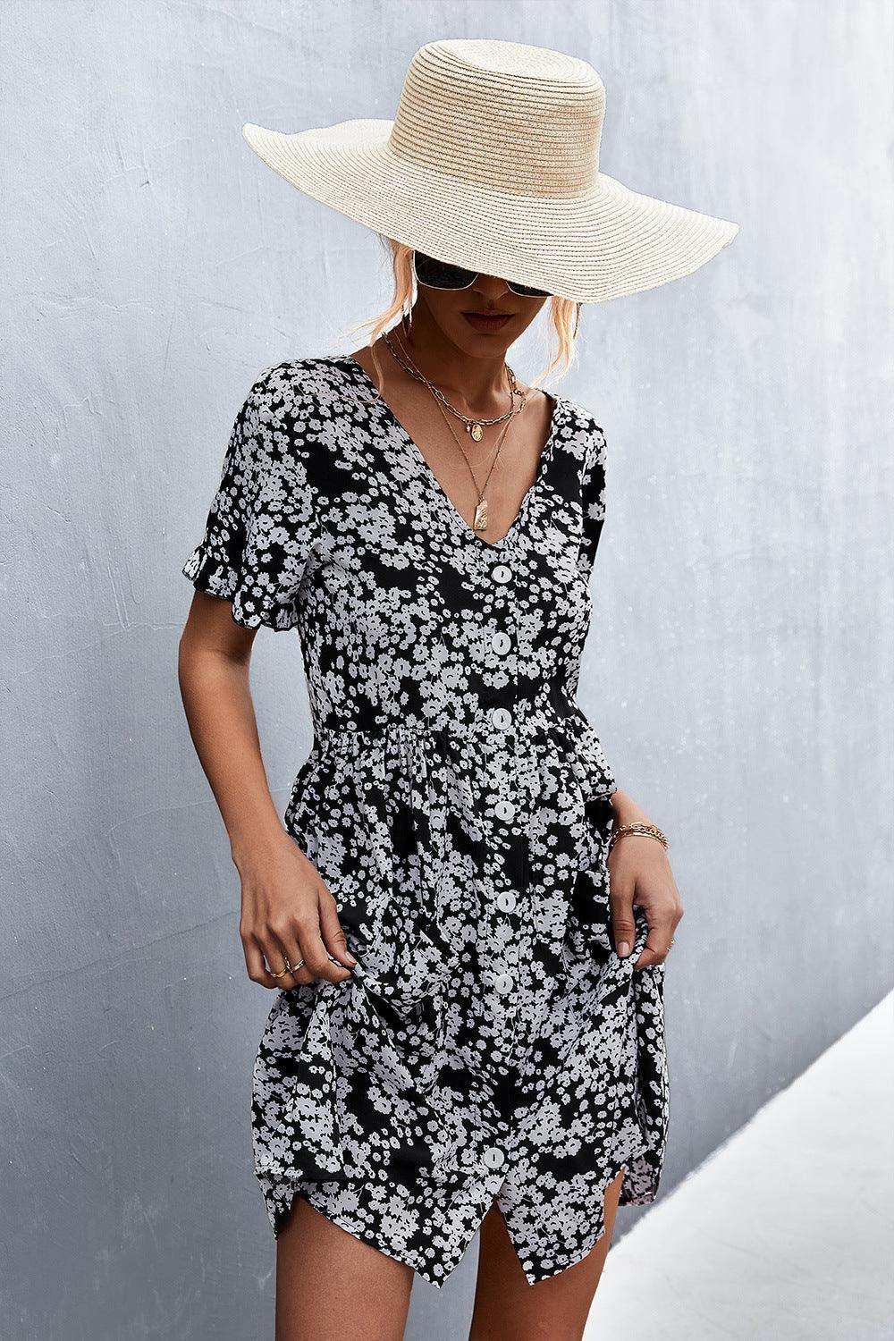 Printed Button down Pocketed Dress - Trendsi - Flyclothing LLC