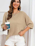 Rolled Round Neck Dropped Shoulder Slit Sweater - Trendsi - Flyclothing LLC