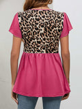Leopard Round Neck Flutter Sleeve Babydoll Blouse - Trendsi - Flyclothing LLC