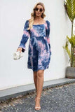 Tie-Dye Square Neck Flounce Sleeve Dress - Trendsi - Flyclothing LLC