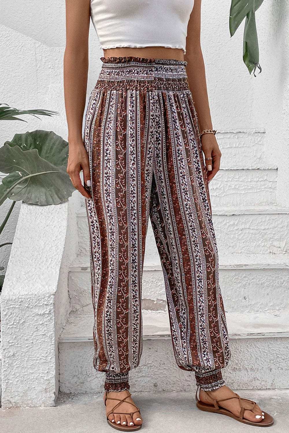Smocked Printed High Waist Pants - Trendsi - Flyclothing LLC