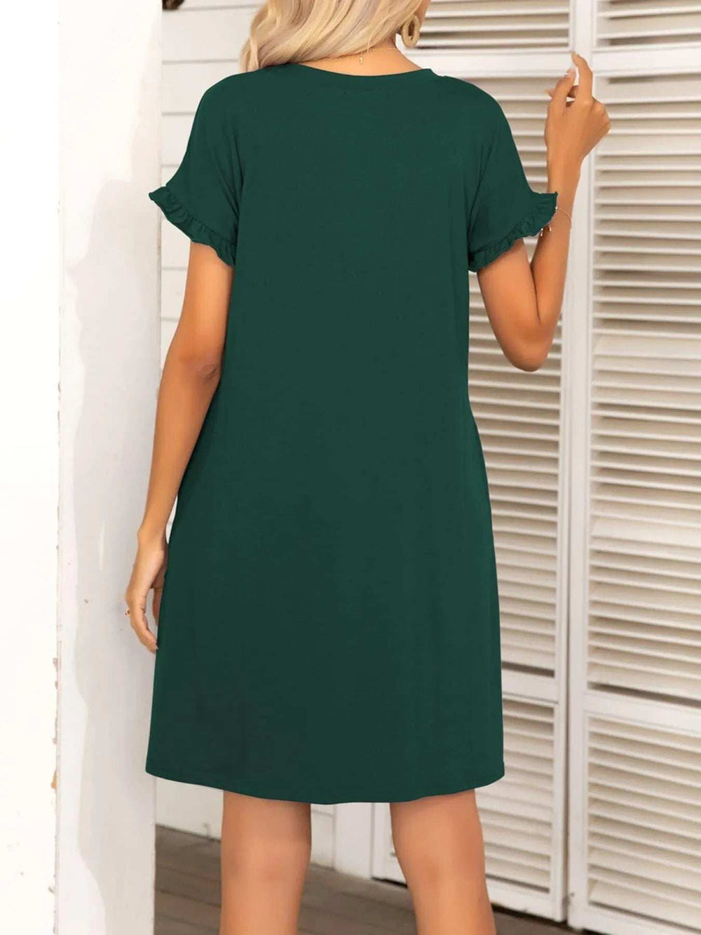 Round Neck Flounce Sleeve Dress with Pockets - Trendsi - Flyclothing LLC