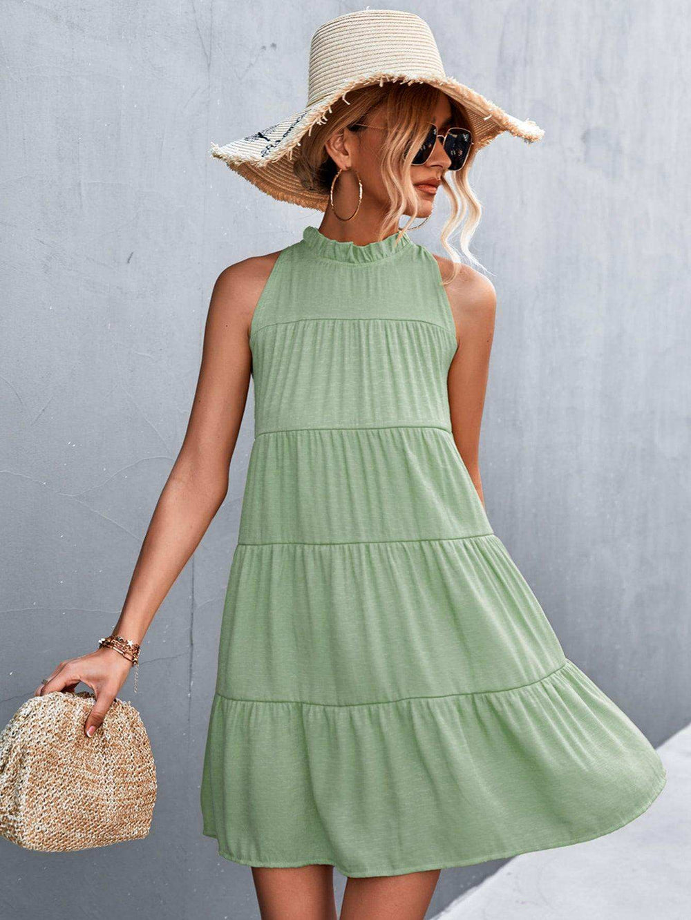 Tie Back Mock Neck Tiered Dress - Trendsi - Flyclothing LLC