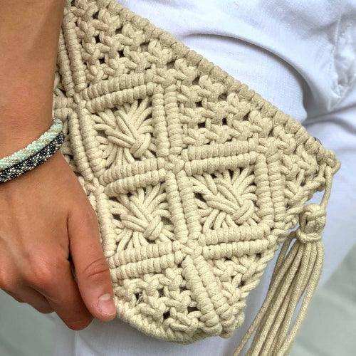 Macrame Clutch with Tassel, Cream - Beaurer Creations - Flyclothing LLC