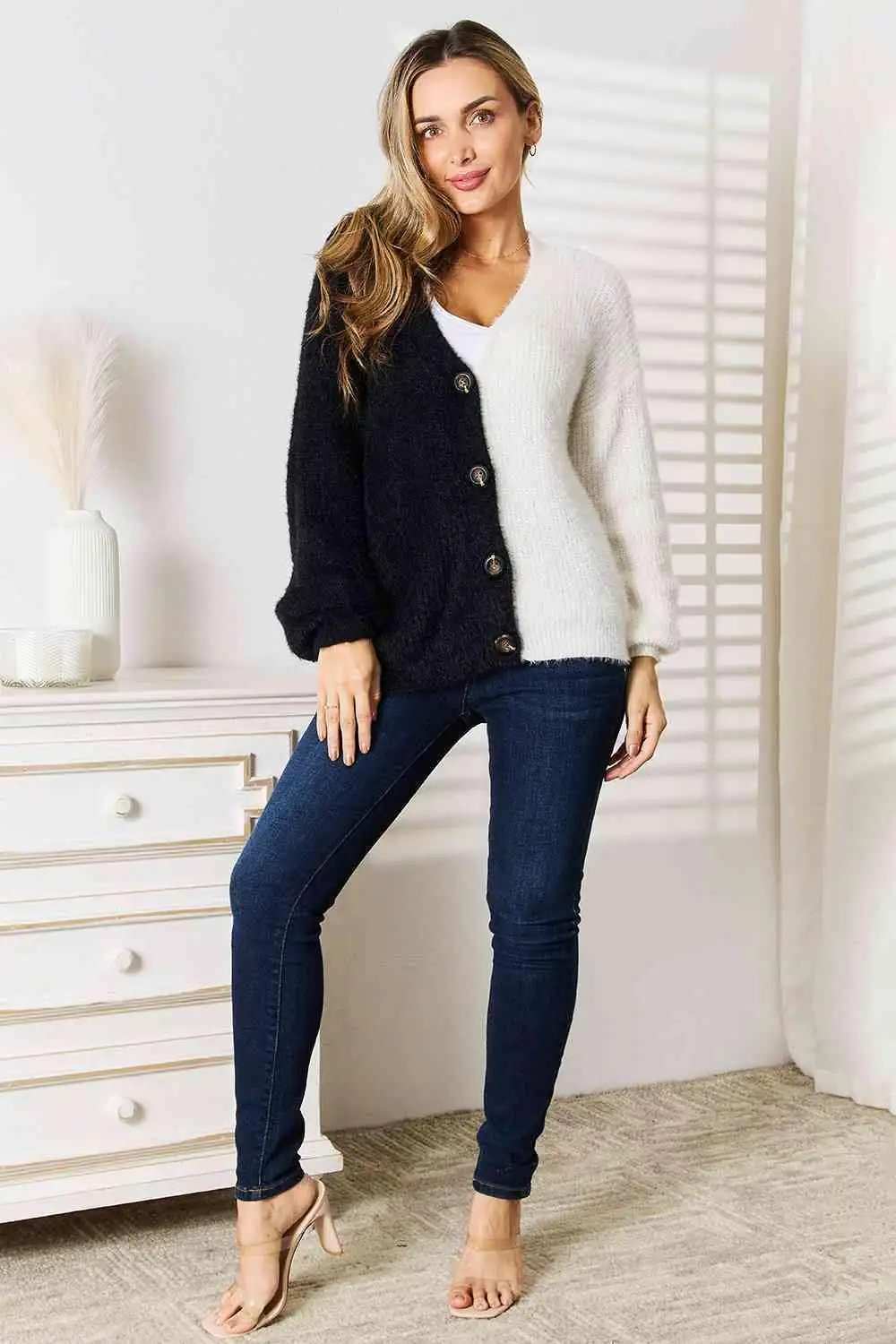 Woven Right Contrast Button-Front V-Neck Cardigan - Trendsi - Flyclothing LLC