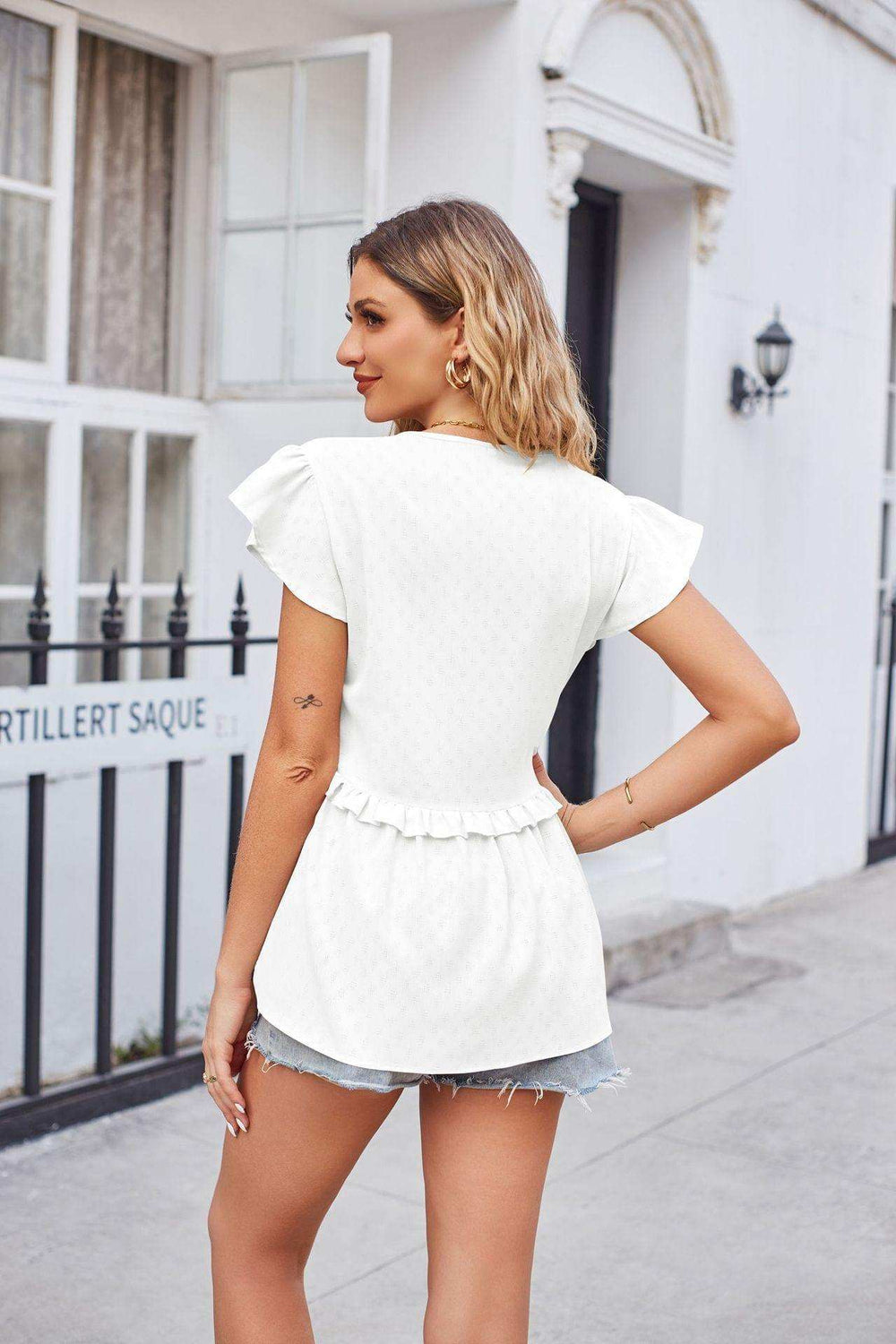 Buttoned V-Neck Ruffle Trim Top - Trendsi - Flyclothing LLC