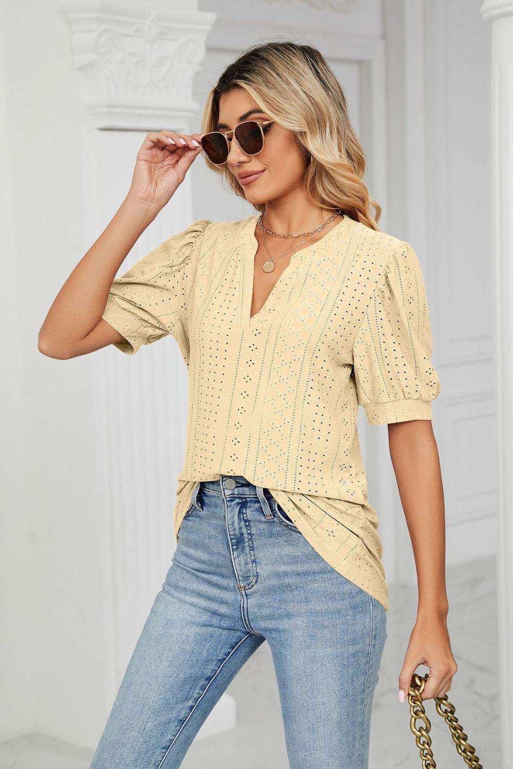 Eyelet Short Puff Sleeve Notched Neck Top - Trendsi - Flyclothing LLC