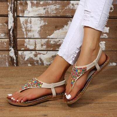 Beaded PU Leather Open Toe Sandals - Trendsi - Flyclothing LLC
