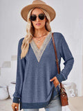 Crochet Contrast V-Neck Long Sleeve Slit T-Shirt - Trendsi - Flyclothing LLC