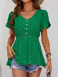 Swiss Dot Buttoned Petal Sleeve Peplum Blouse - Trendsi - Flyclothing LLC