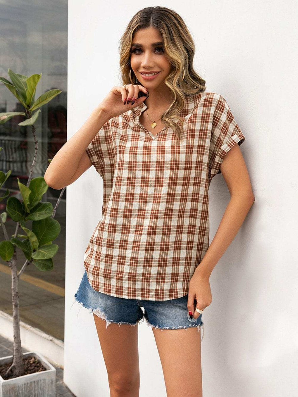 Plaid Notched Short Sleeve Blouse - Trendsi - Flyclothing LLC