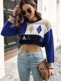 Geometric Round Neck Cropped Sweater - Trendsi - Flyclothing LLC