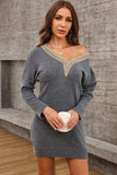 V-Neck Long Sleeve Mini Sweater Dress - Trendsi - Flyclothing LLC