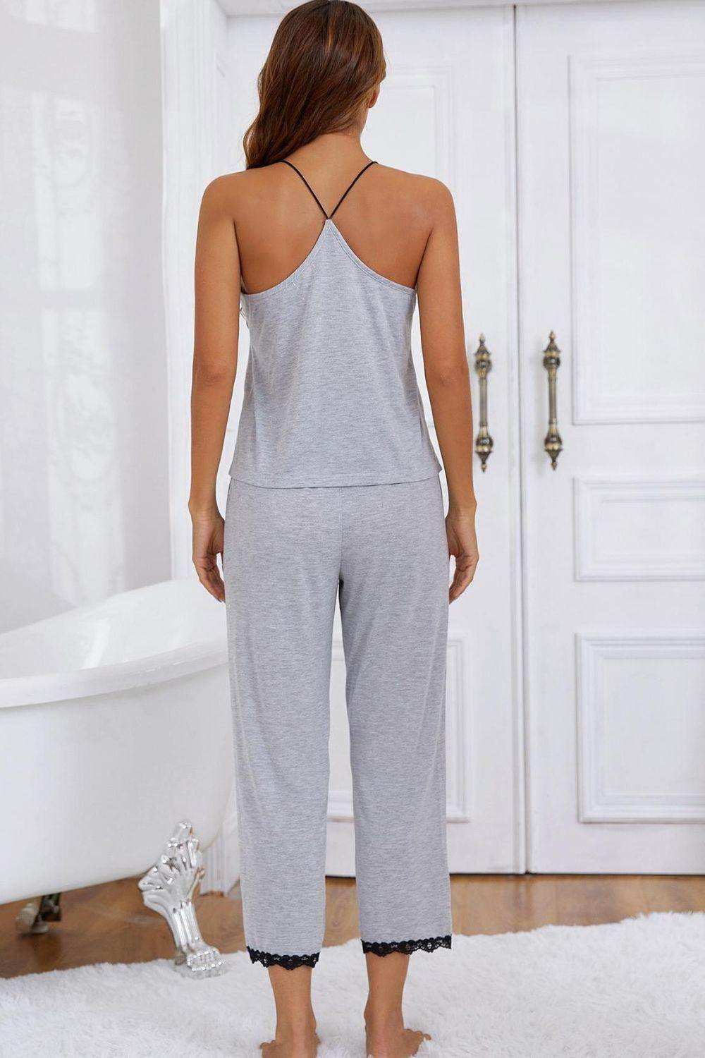 Halter Neck Cami and Lace Trim Pajama Set - Trendsi - Flyclothing LLC