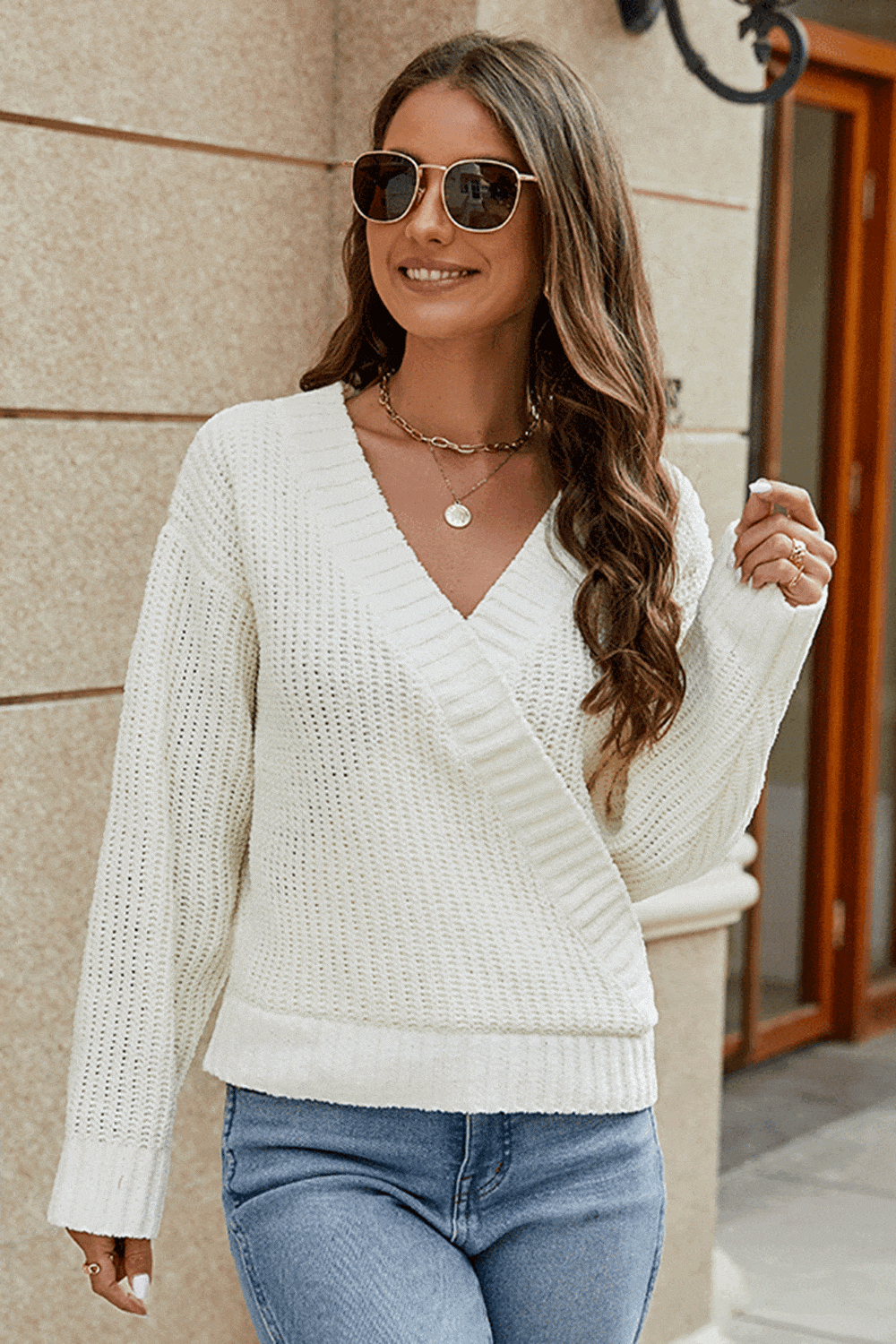 Surplice Neck Long Sleeve Sweater - Trendsi - Flyclothing LLC
