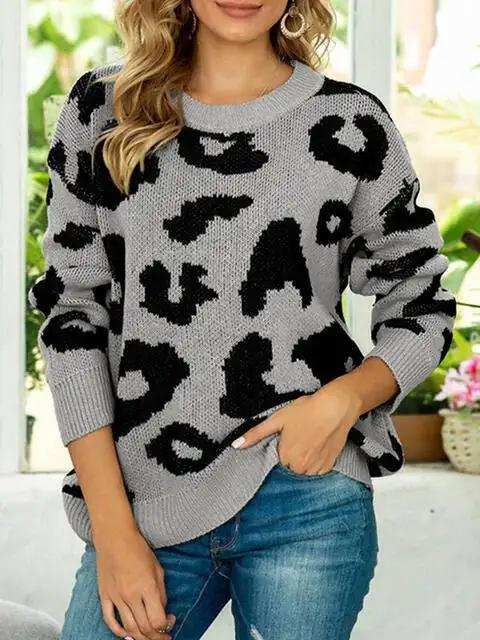 Drop Shoulder Leopard Pullover Sweater - Trendsi - Flyclothing LLC