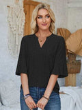 Eyelet Notched Half Sleeve T-Shirt - Trendsi - Flyclothing LLC