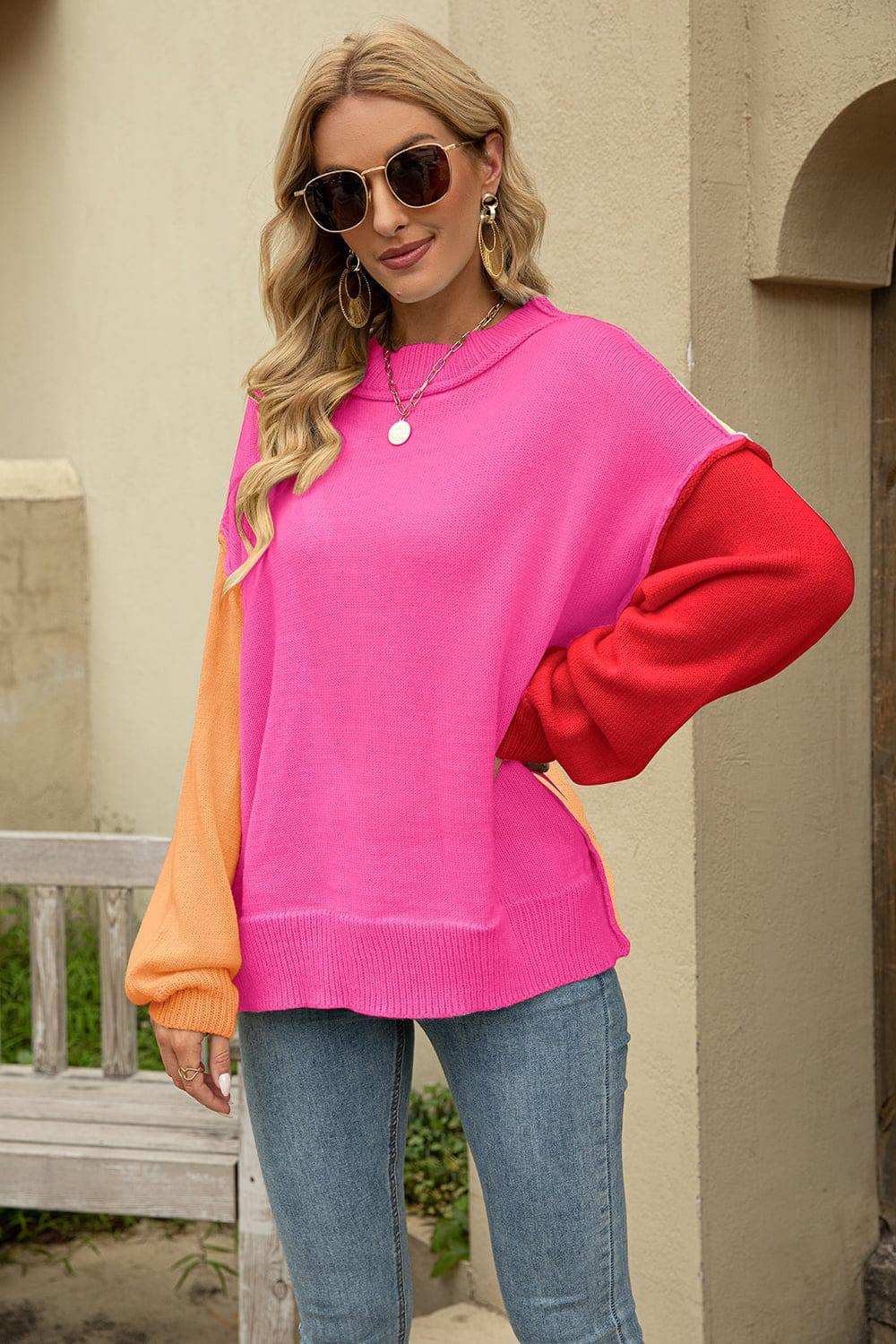 Color Block Round Neck Dropped Shoulder Sweater - Trendsi - Flyclothing LLC